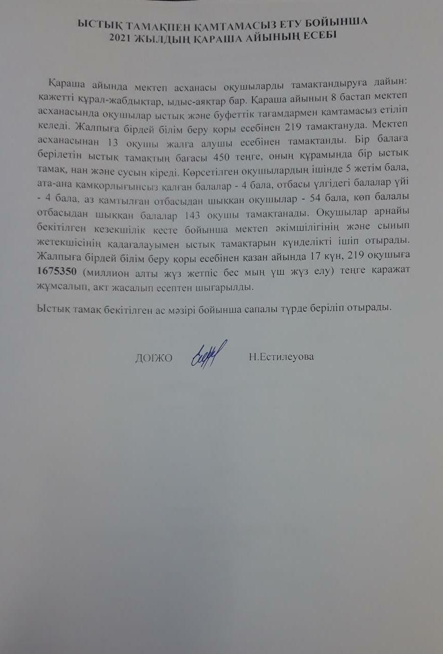 Ыстық тамақпен қамтамасыз ету бойынша есеп