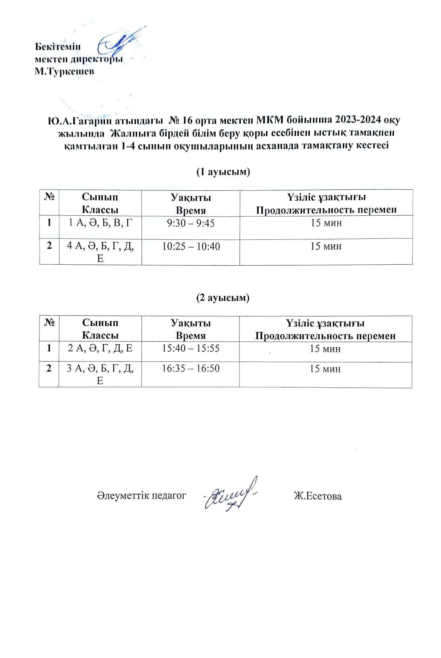 Оқушылардың тамақтану кестесі